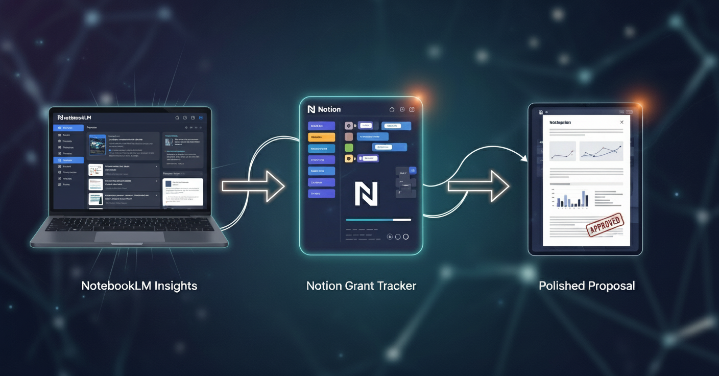 Workflow diagram: NotebookLM Insights → Notion Grant Tracker → Polished Proposal