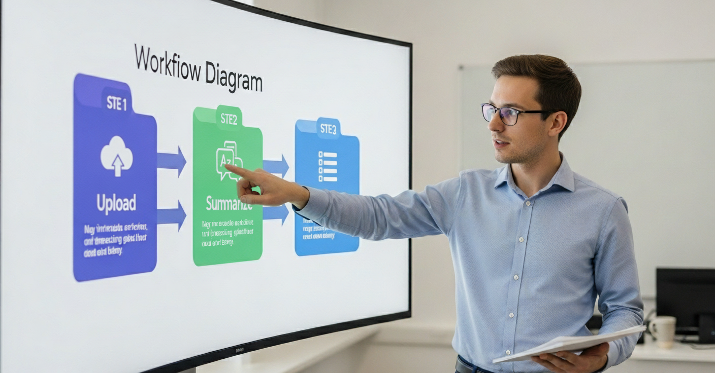 Workflow diagram: Upload → Summarize → Organize using NotebookLM and Notion